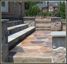 Stone Walls, Stamped Concrete Flagstone Patio, with Slate Steps